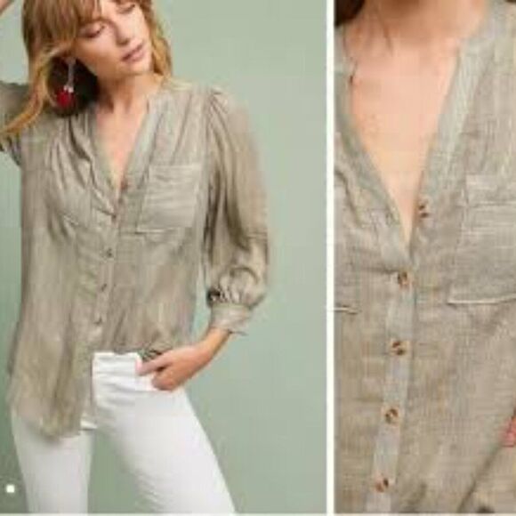 Akemi + Kin Anthro Beige Gold Metallic Striped 3/4 Sleeve Itzel Shirt Size 8 - Picture 1 of 7